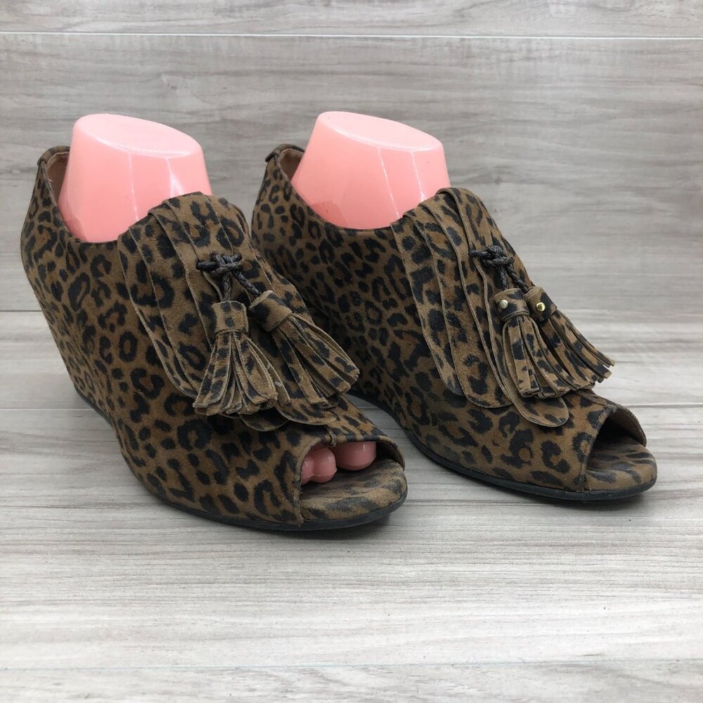 Anyi Lu Wedge Booties Womens EU 40 Leopard Print Suede Slip On Peep Toe Shoes